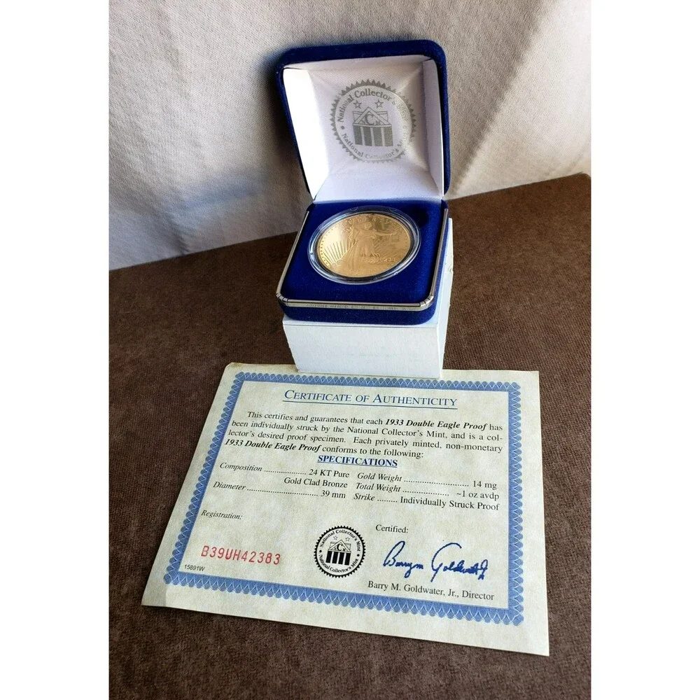 1933 DOUBLE EAGLE PROOF GOLD Clad Bronze 1oz Medal National Collectors MINT COA